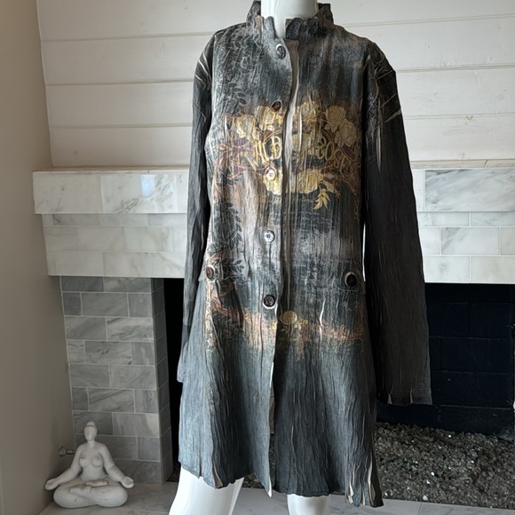 Me’chant Gray Multcolored Floral Pleated Coat Size XL - Picture 2 of 12